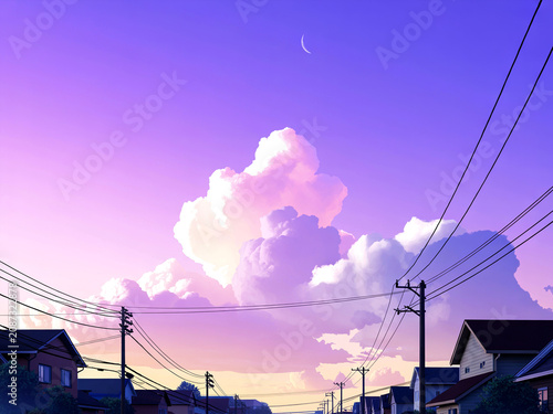Serene Sunset Over a Quiet Neighborhood with Fluffy Clouds and a Crescent Moon, Evoking a Sense of Nostalgia and Tranquility in an Anime-Inspired Artwork
