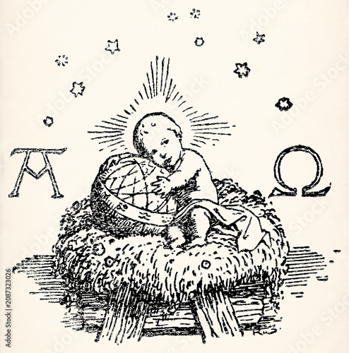Infant with halo holding symbolic sphere between Alpha and Omega. Antique stylized illustration.