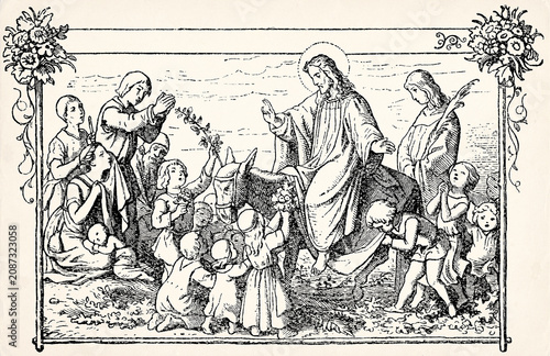 Jesus entering city on donkey welcomed by crowd. Antique stylized illustration.