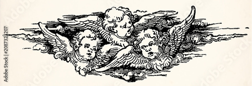 Three cherubic angels with wings among clouds. Antique stylized illustration.