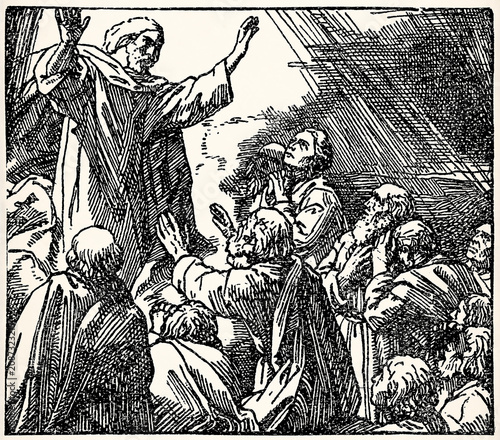 Jesus preaching to gathered followers in teaching scene. Antique stylized illustration.