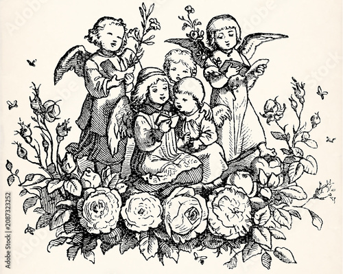 Five angelic figures with wings singing among flowers. Antique stylized illustration.