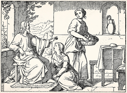 Holy teacher seated addressing kneeling figure as woman brings fruit. Antique stylized illustration.