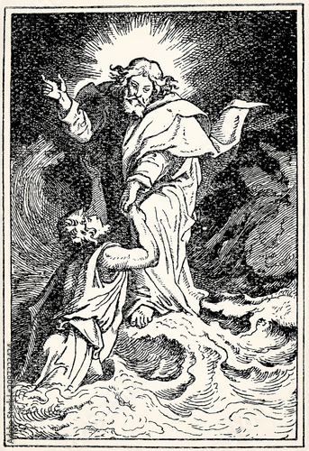 Jesus standing on waves reaching to save drowning man. Antique stylized illustration.