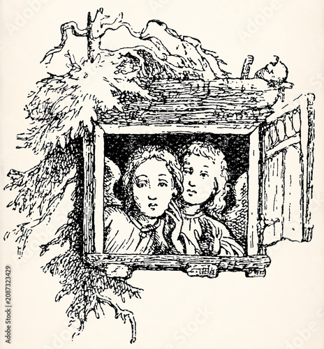 Two children looking out rustic wooden window surrounded by foliage. Antique stylized illustration.