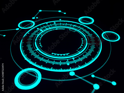 A futuristic digital illustration of a glowing cyan holographic user interface with concentric circles and network data nodes on a black background
