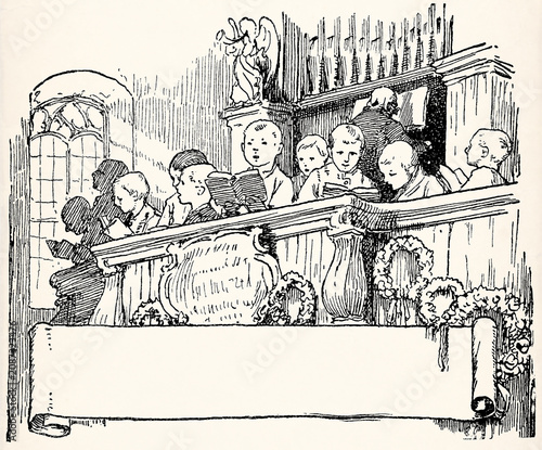 Children’s choir singing in church loft with organ pipes. Antique stylized illustration.