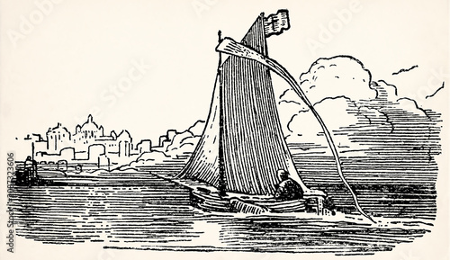 Sailboat with striped sail approaching distant city skyline. Antique stylized illustration.