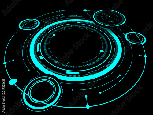 Futuristic digital interface design with glowing cyan circular elements and high tech HUD graphics on black background for science fiction concept