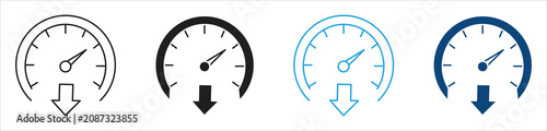 Speedometer icon set, featuring gauge, dashboard, speed, performance, acceleration, meter, and velocity symbols, vector illustration