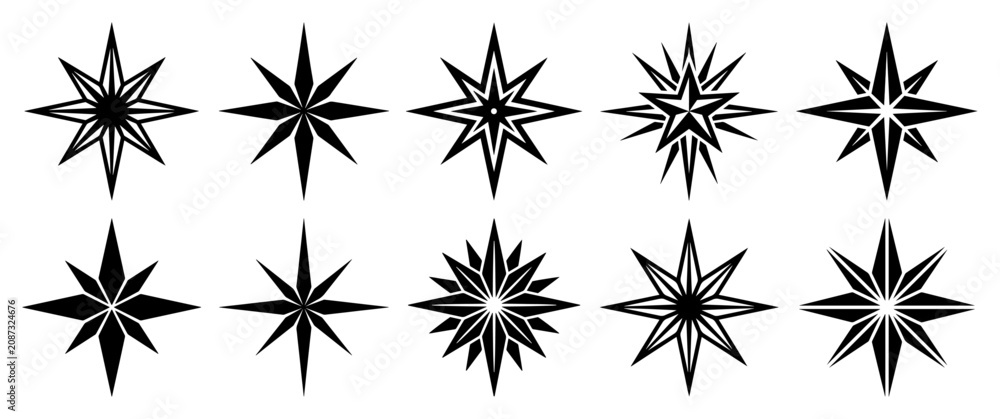 Fototapeta premium Compass star icons set with retro sparkle polar star symbols in minimalist style