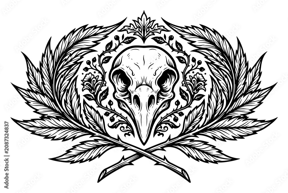 Fototapeta premium Bird skull emblem with crossed leaves and botanical vintage flowers in detailed tattoo style