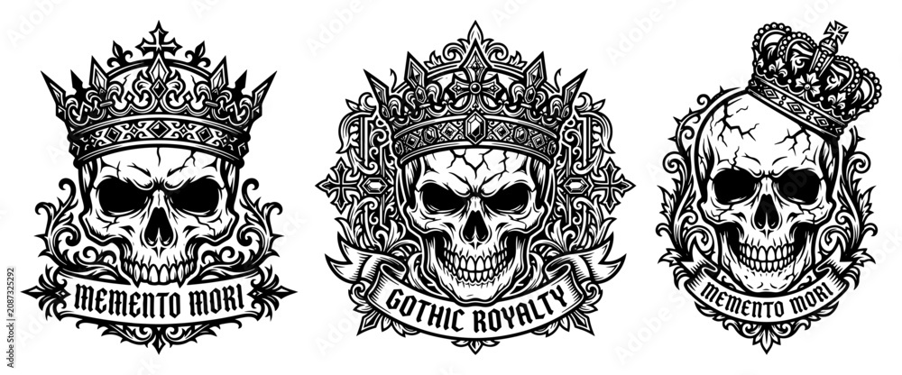 Fototapeta premium Crowned skulls emblem set with gothic memento mori ribbons in detailed tattoo style