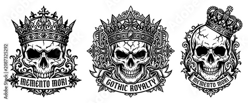 Fotografie Crowned skulls emblem set with gothic memento mori ribbons in detailed tattoo st