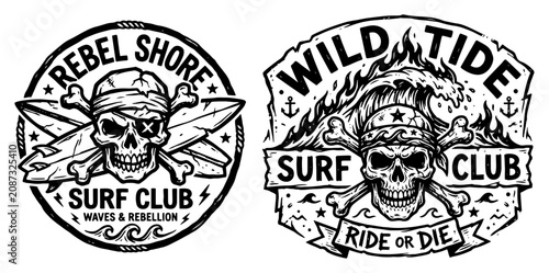 Foto Surf club skull emblems with vintage biker rebel woodcut style