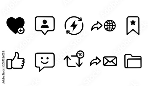 фотографія Modern social media post engagement icon set with like comment share repost and save symbols for mobile app UI