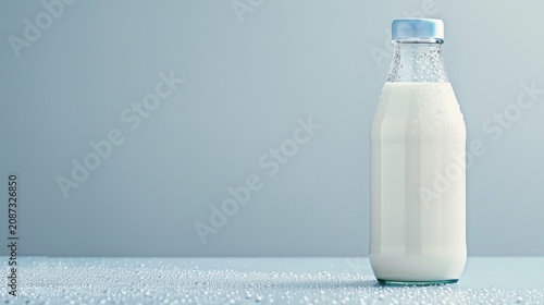 A glossy yogurt drink bottle stands on a chilled surface. Droplets of condensation are visible, creating a fresh look