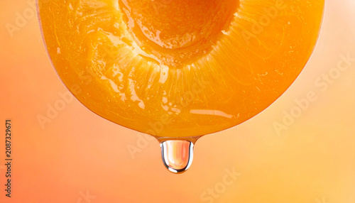 A vibrant macro close-up of a succulent, sun-drenched apricot slice featuring a single clear drop of juice falling from its textured, glowing orange surface against a warm, gradient background.
