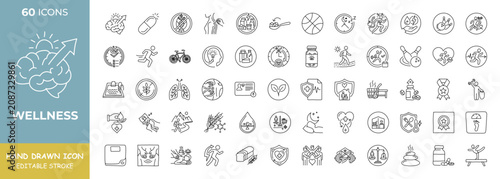 Foto 60 Hand-Drawn Wellness, Fitness, and Healthy Lifestyle Line Icons Set