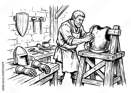Tableau sur toile Blacksmith polishing medieval armor breastplate in workshop hand drawn engraving