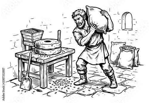 Cuadro en lienzo Medieval miller carrying heavy grain sack near millstone hand drawn engraving st