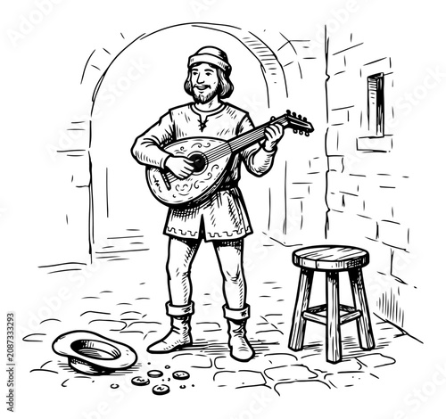 Bild auf Leinwand Medieval musician playing a lute on a cobblestone street for coins engraving sty