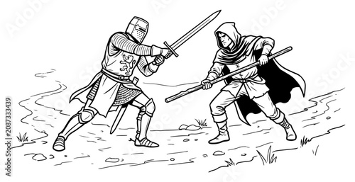 Fotografie Knight battling a hooded character with sword and staff in hand drawn sketch sty