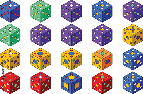 Foto Polyhedral dice, tabletop gaming dice with multiple sided shapes and numbered faces for roleplaying, board games, and fantasy adventures, vector designs