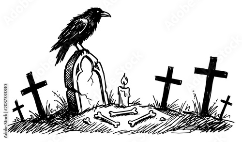 Foto Raven sitting on a tombstone in a dark cemetery with wooden crosses and bones in