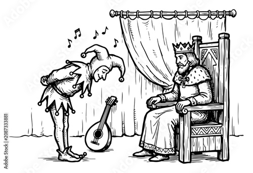 Tableau sur toile Court jester entertaining a king sitting on his throne in medieval engraving sty