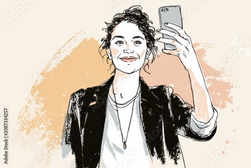 Minimalist line-drawn selfie illustration with pastel shading and cheerful mood