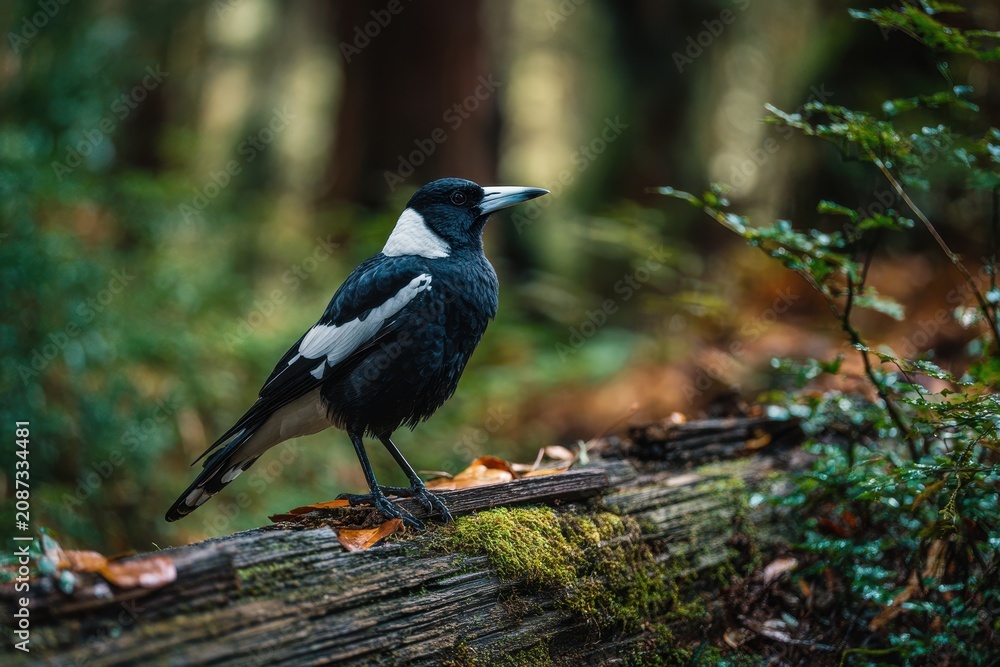 Fototapeta premium Wildlife portrait of a magpie resting on a rustic log amid green woodland