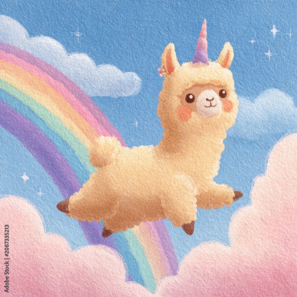 Fototapeta premium Whimsical llama unicorn drifting through a pastel sky with a rainbow