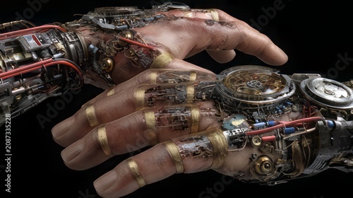 Cybernetic hand with intricate red wiring. Fusion of human machine combination and advanced technology