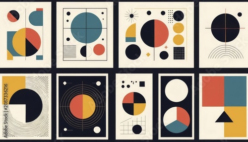 Ten abstract artworks with geometric shapes like circles and squares in vivid colors on a dark background, AI generated