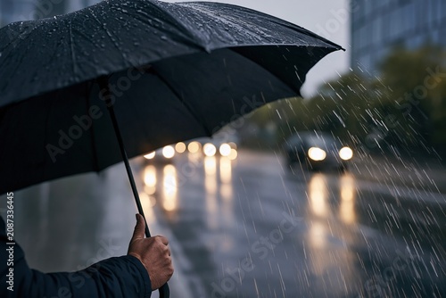 Rainy Street Scene: Person Holding Umbrella in City Rain
