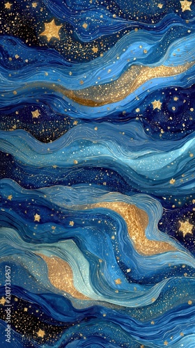 Dynamic digital art wallpaper showing swirling liquid patterns of blue and black. Abstract background with elegant fluid motion and glowing shimmering highlights.