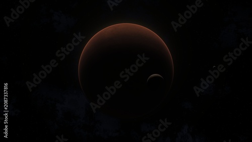 Obraz na plátně Mars-like terrestrial planet in deep space with glowing surface textures and scattered stars around