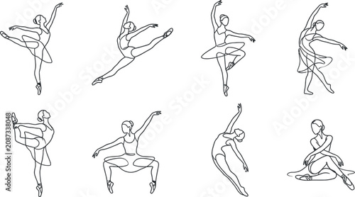Continuous Line Ballerina Silhouette Icon Set Featuring Graceful Ballet Vector Elements