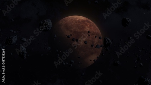Foto Mars-like terrestrial planet in deep space with glowing surface textures and scattered stars around