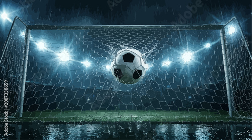 Tableau sur toile Dramatic soccer ball entering the goal net during a rainy night under bright sta