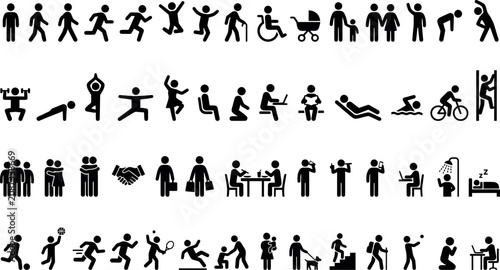 Minimalist black silhouettes of human actions sports and social interaction collection.