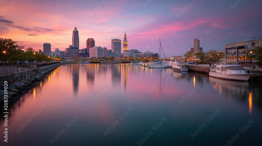 Fototapeta premium Sunset over a glassy skyline across the tranquil lakefront