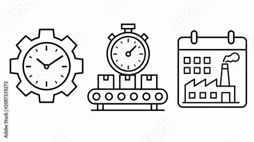 Industrial icons, factory production schedule, clock gear, stopwatch calendar