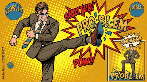 Tablou pe pânză Superhero in Suit Kicks Problem Away, Demonstrating Success and Business Solutio