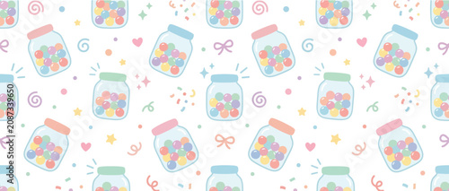 Foto Seamless pattern of jars filled with colorful gumballs and confetti, pastel colors
