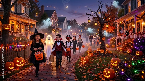 Diverse group of children trick or treating in costumes during halloween with children halloween costumes trickortreat neighborhood pumpkins celebration decorations seasonal childhood