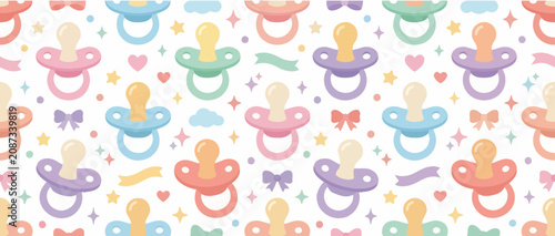Quadro su tela Cute Pastel Baby Pacifier Pattern Seamless Background with Stars and Hearts