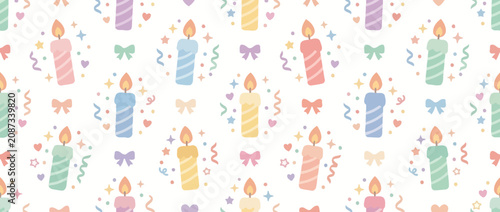 Pastel Birthday Candles Seamless Pattern with Confetti and Bows
