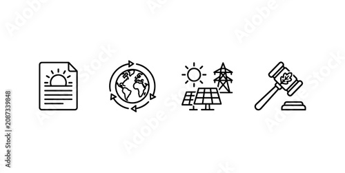 Foto Four icons depicting document, globe, solar power and legal gavel